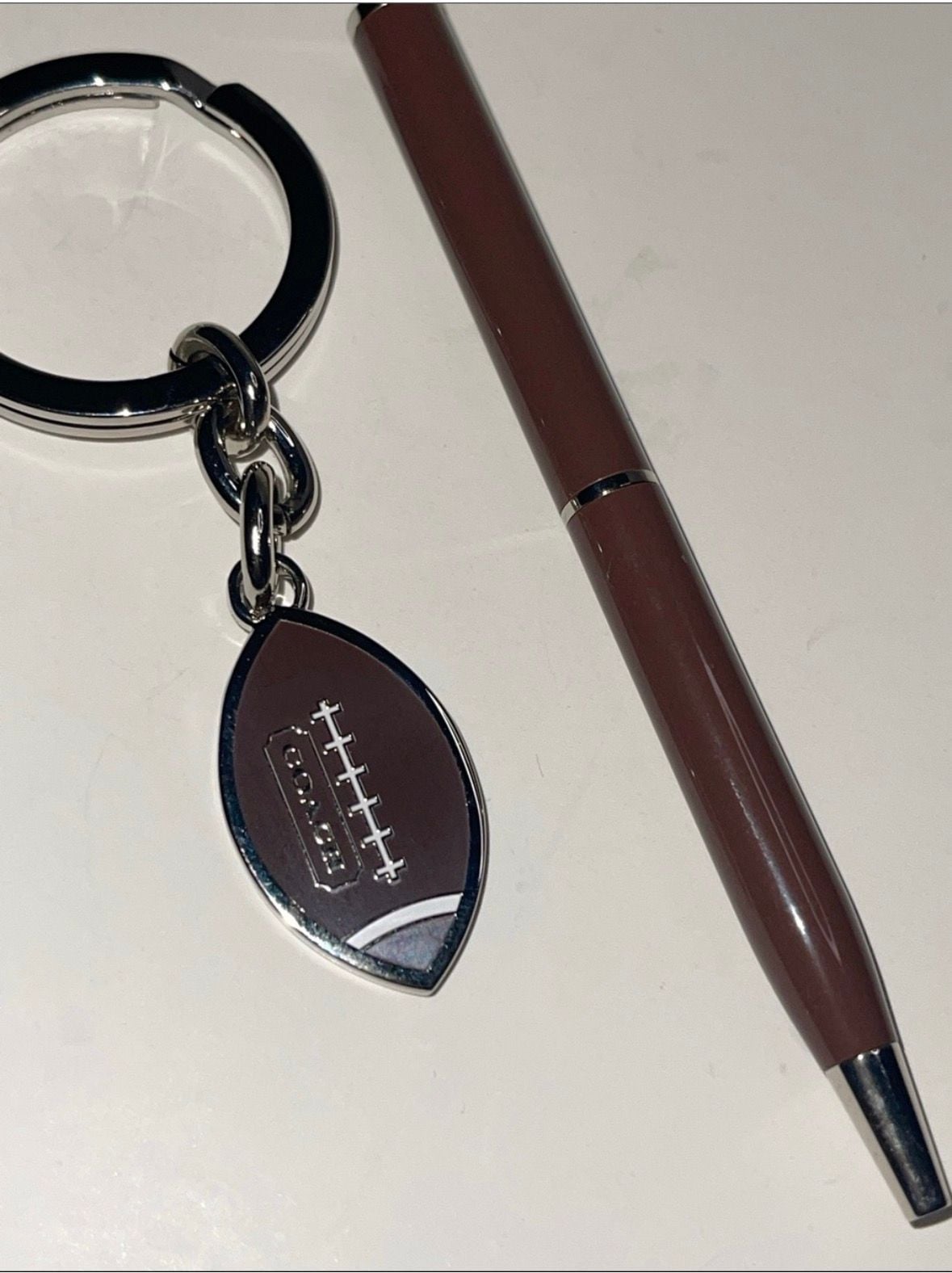 Coach Football Keychain And Pen Set Brown Silver 2