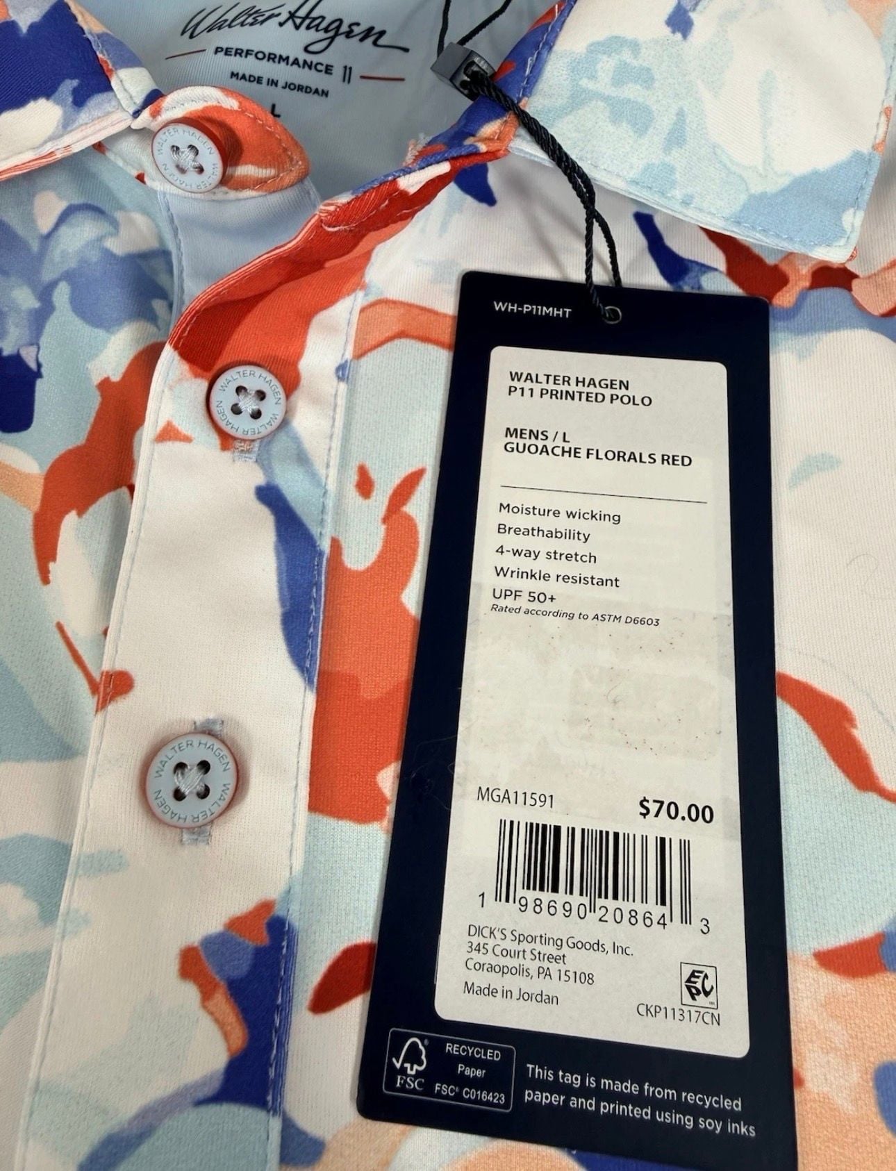 Walter Hagen Golf Polo Mens Sz L Gouache Floral Print UPF50+ $70 NEW 4