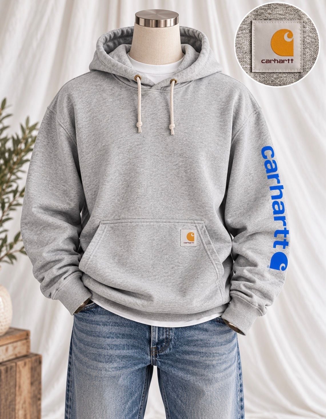 Carhartt Loose Fit Gray Pullover Hoodie Blue Sleeve Logo Sweatshirt S 2