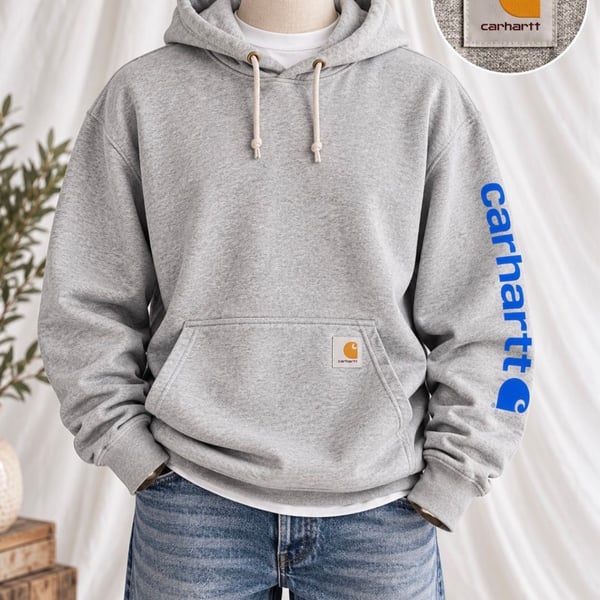 Carhartt Loose Fit Gray Pullover Hoodie Blue Sleeve Logo Sweatshirt S