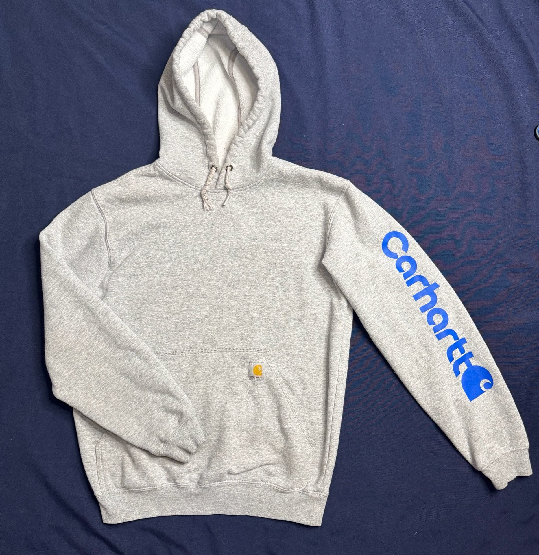Carhartt Loose Fit Gray Pullover Hoodie Blue Sleeve Logo Sweatshirt S 3
