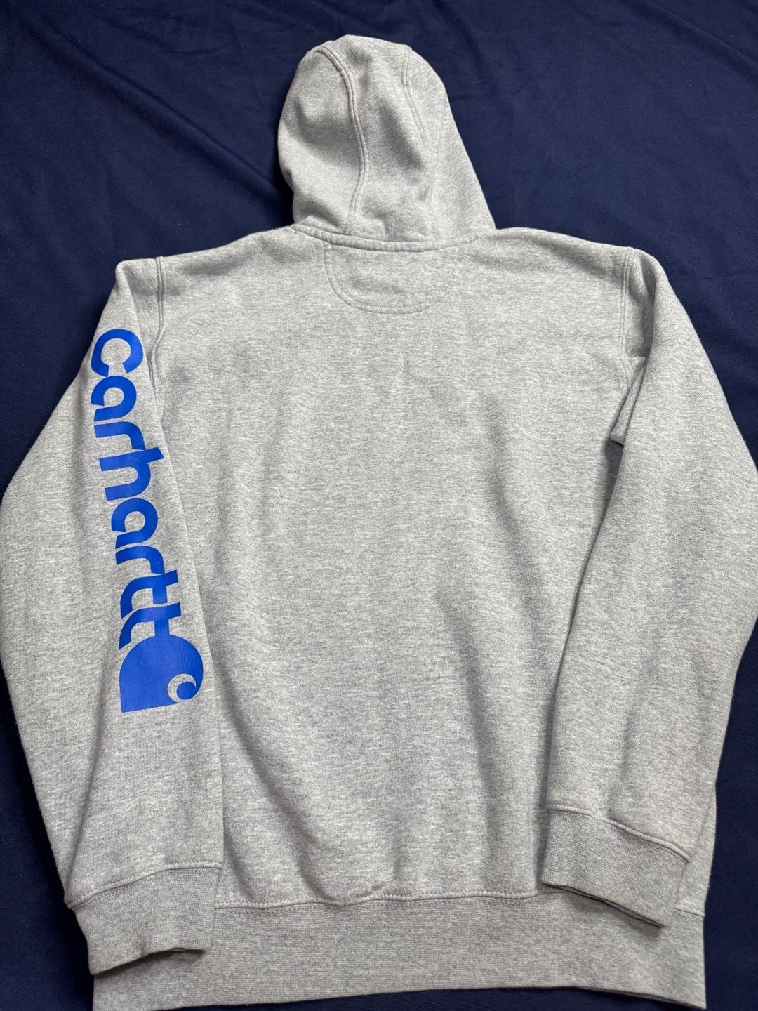Carhartt Loose Fit Gray Pullover Hoodie Blue Sleeve Logo Sweatshirt S 4
