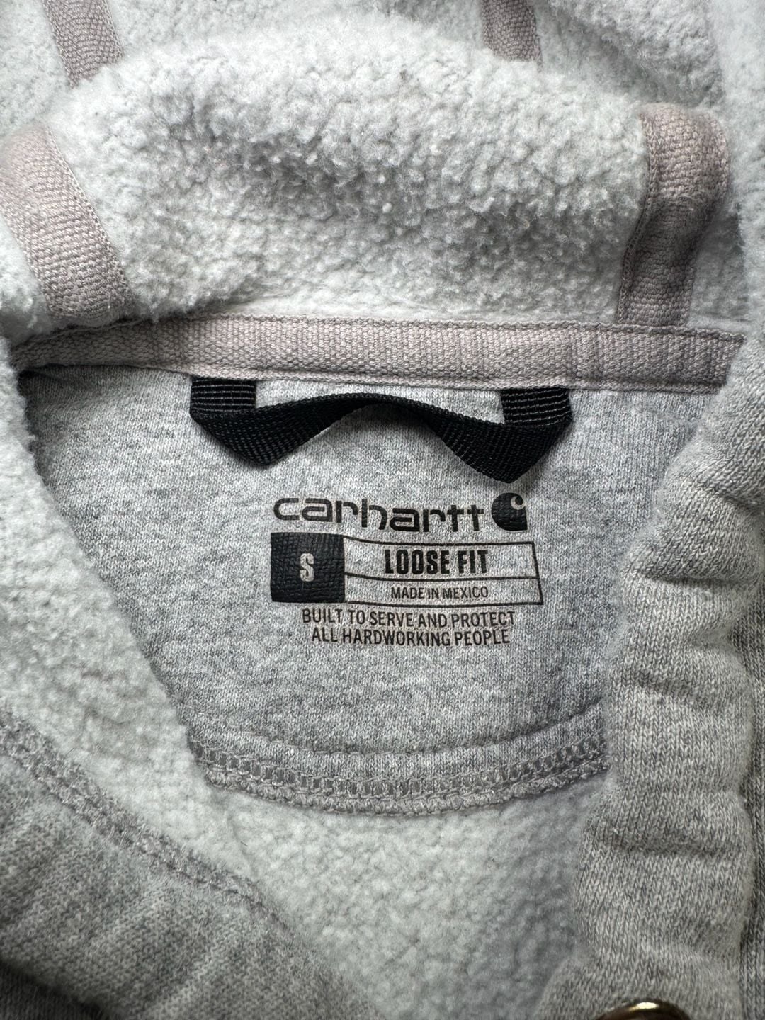 Carhartt Loose Fit Gray Pullover Hoodie Blue Sleeve Logo Sweatshirt S 5