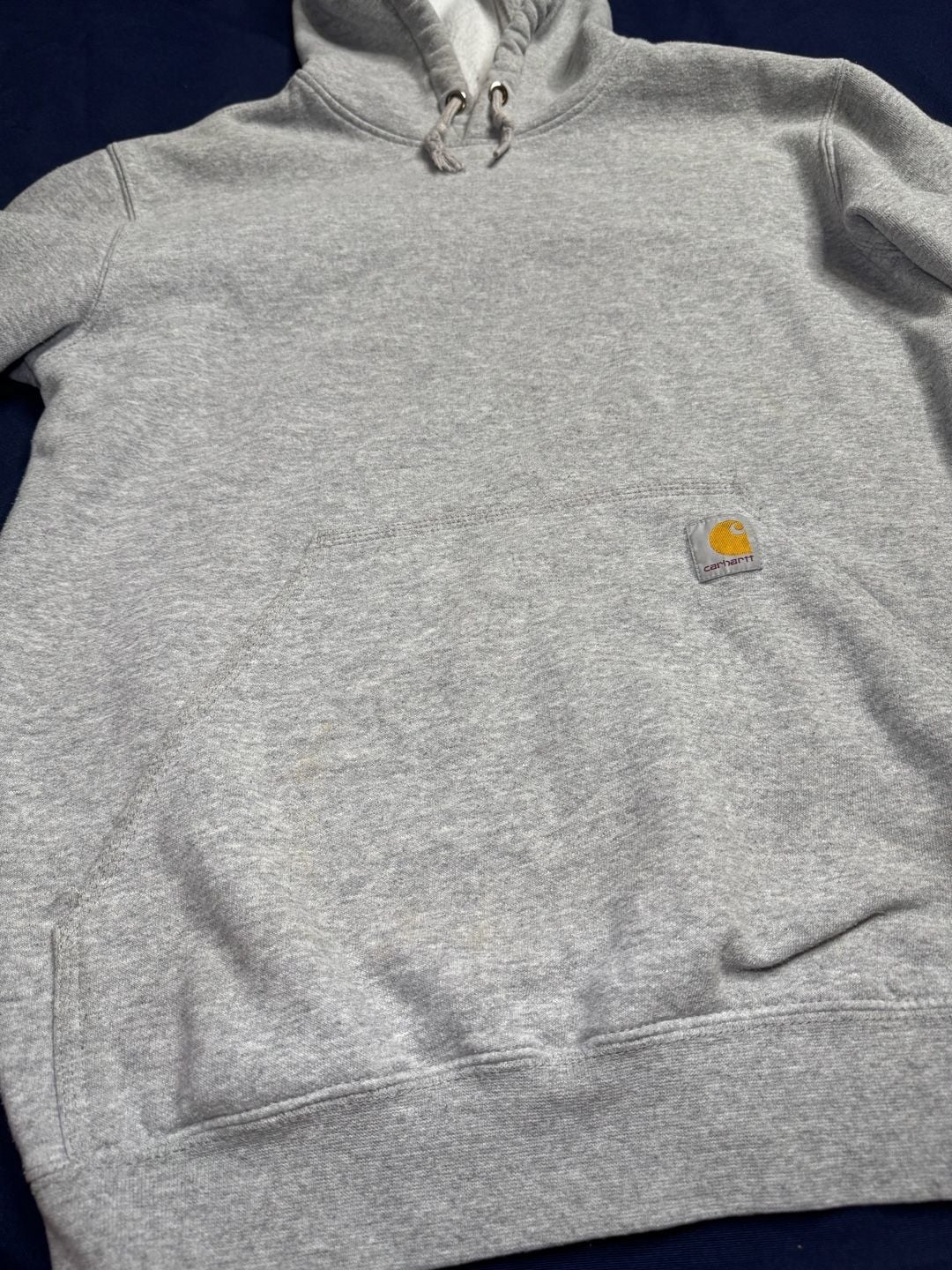 Carhartt Loose Fit Gray Pullover Hoodie Blue Sleeve Logo Sweatshirt S 7