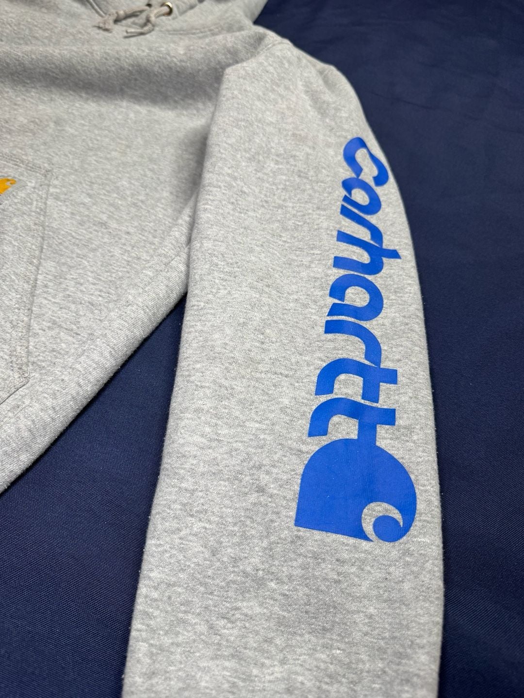 Carhartt Loose Fit Gray Pullover Hoodie Blue Sleeve Logo Sweatshirt S 14