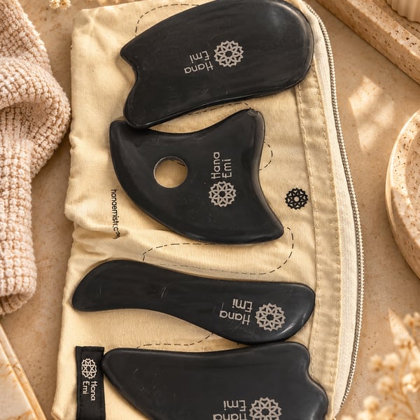 Hana Emi Large Gua Sha Massage Tool Set 4Pcs Black Bianstone