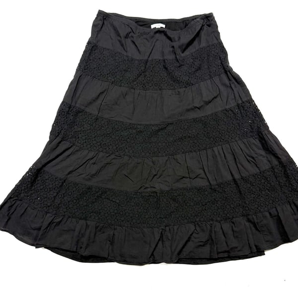 Sophie Max Women's Skirt XL Whimsigoth Witchy Cottage-Glam Y2K Boho Romantic Black Crochet Lace Tiered Maxi Ruffle Hem Lined Elastic Waist