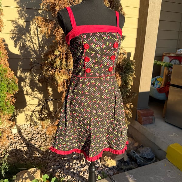 True Love Cherry Print Dress Size M Black Polka Dot Rockabilly