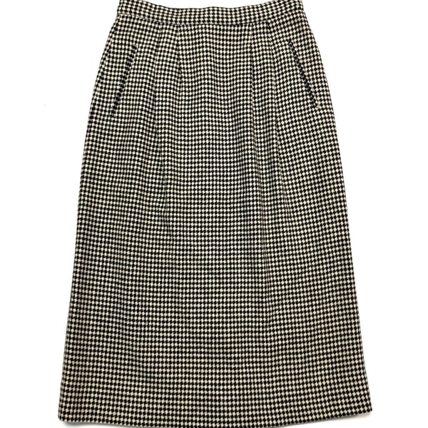 Vintage Country Suburbans Women's Skirt 6 Old Money Dark Academia Preppy Heritage Quiet Luxury Houndstooth Wool Pencil Midi Black Cream High Waist Lined Pockets Back Vent Made in USA