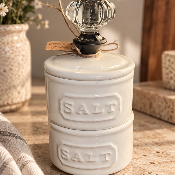 Mud Pie Door Knob Salt Cellar Set White Stoneware Stackable Pinch Pots