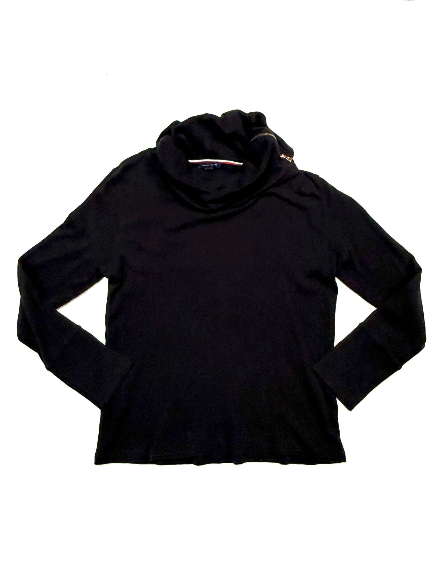 Tommy Hilfiger Women's Top XL Preppy Old Money Y2K Americana Quiet Luxury Black Waffle Knit Cowl Neck Side Zip Long Sleeve Thermal Cotton Blend Wide Cuff 2