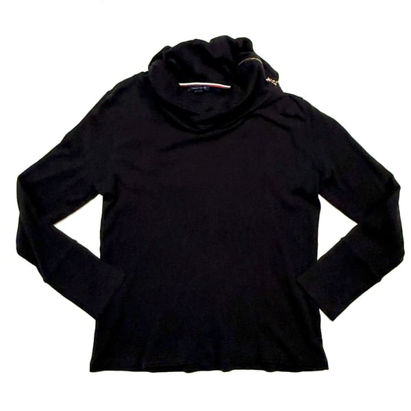 Tommy Hilfiger Women's Top XL Preppy Old Money Y2K Americana Quiet Luxury Black Waffle Knit Cowl Neck Side Zip Long Sleeve Thermal Cotton Blend Wide Cuff