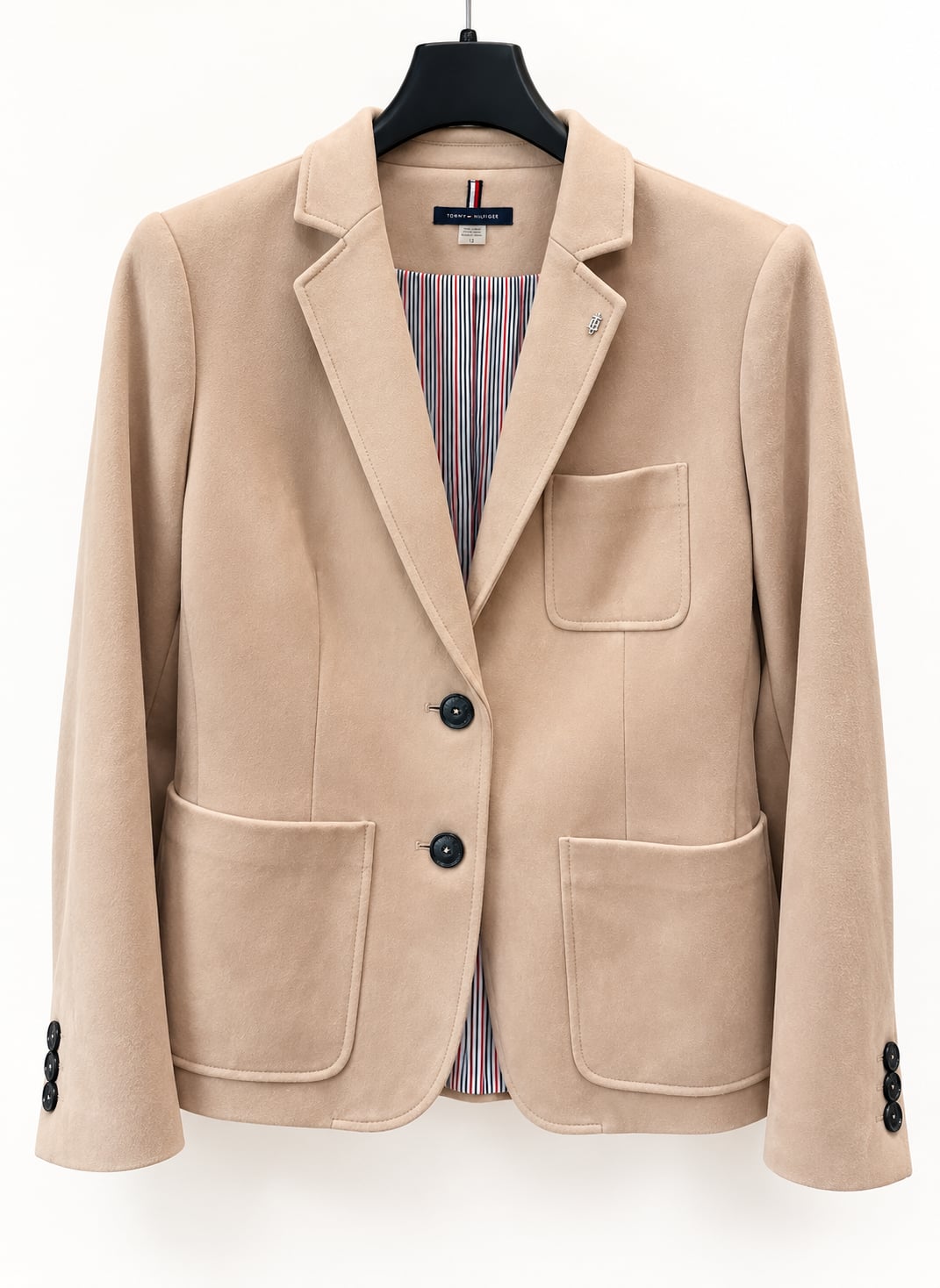 Tommy Hilfiger Faux Suede Blazer Size 12 Camel Tan Striped Lining NWOT 3