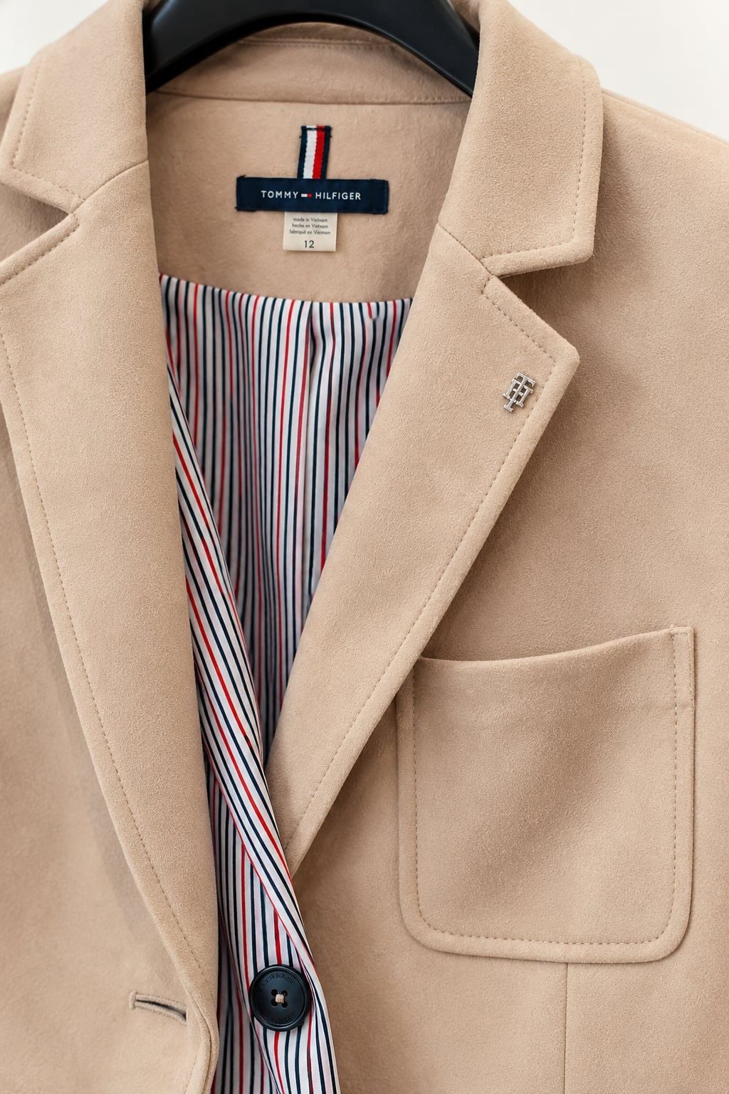 Tommy Hilfiger Faux Suede Blazer Size 12 Camel Tan Striped Lining NWOT 6