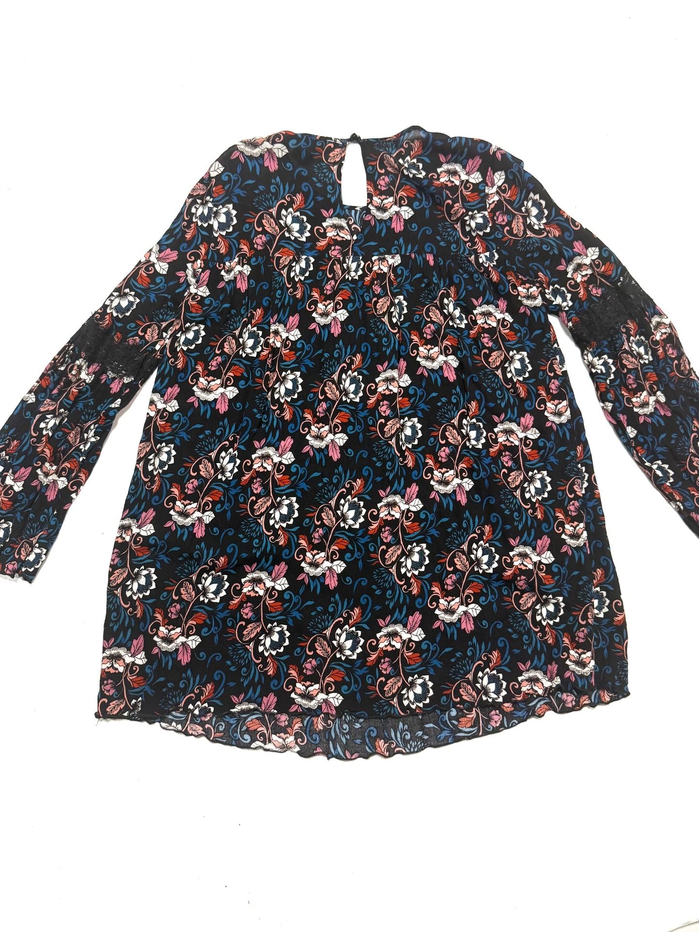 Timing Women's Dress M Cottagecore Boho Witchy Whimsigoth Cottage-Glam Fairycore Babydoll Mini Black Floral Lace Bell Sleeve Keyhole Back High Low Hem Rayon 1