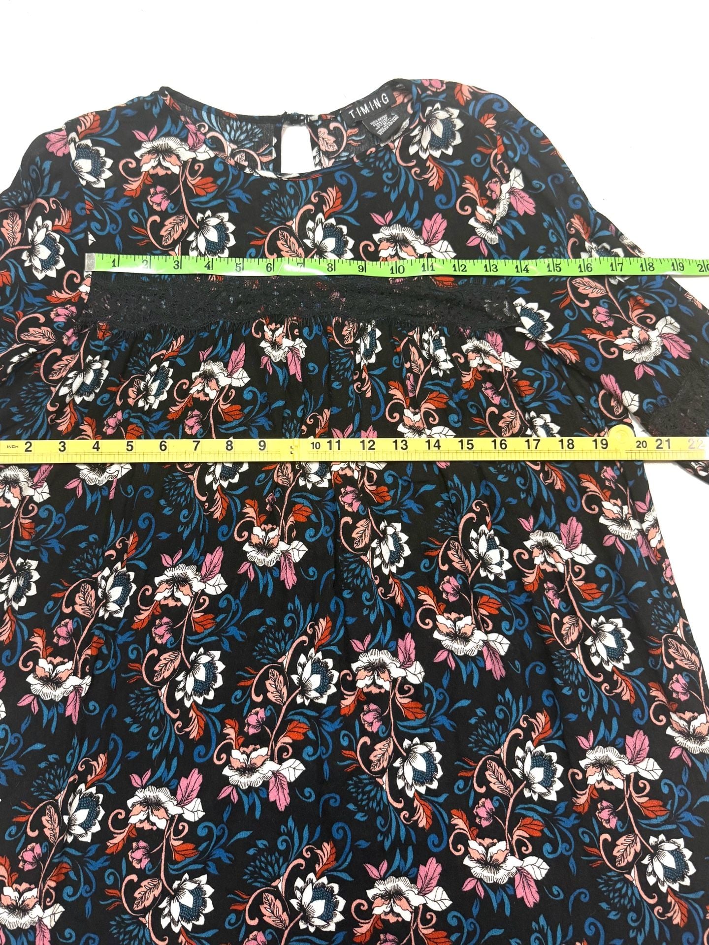 Timing Women's Dress M Cottagecore Boho Witchy Whimsigoth Cottage-Glam Fairycore Babydoll Mini Black Floral Lace Bell Sleeve Keyhole Back High Low Hem Rayon 2