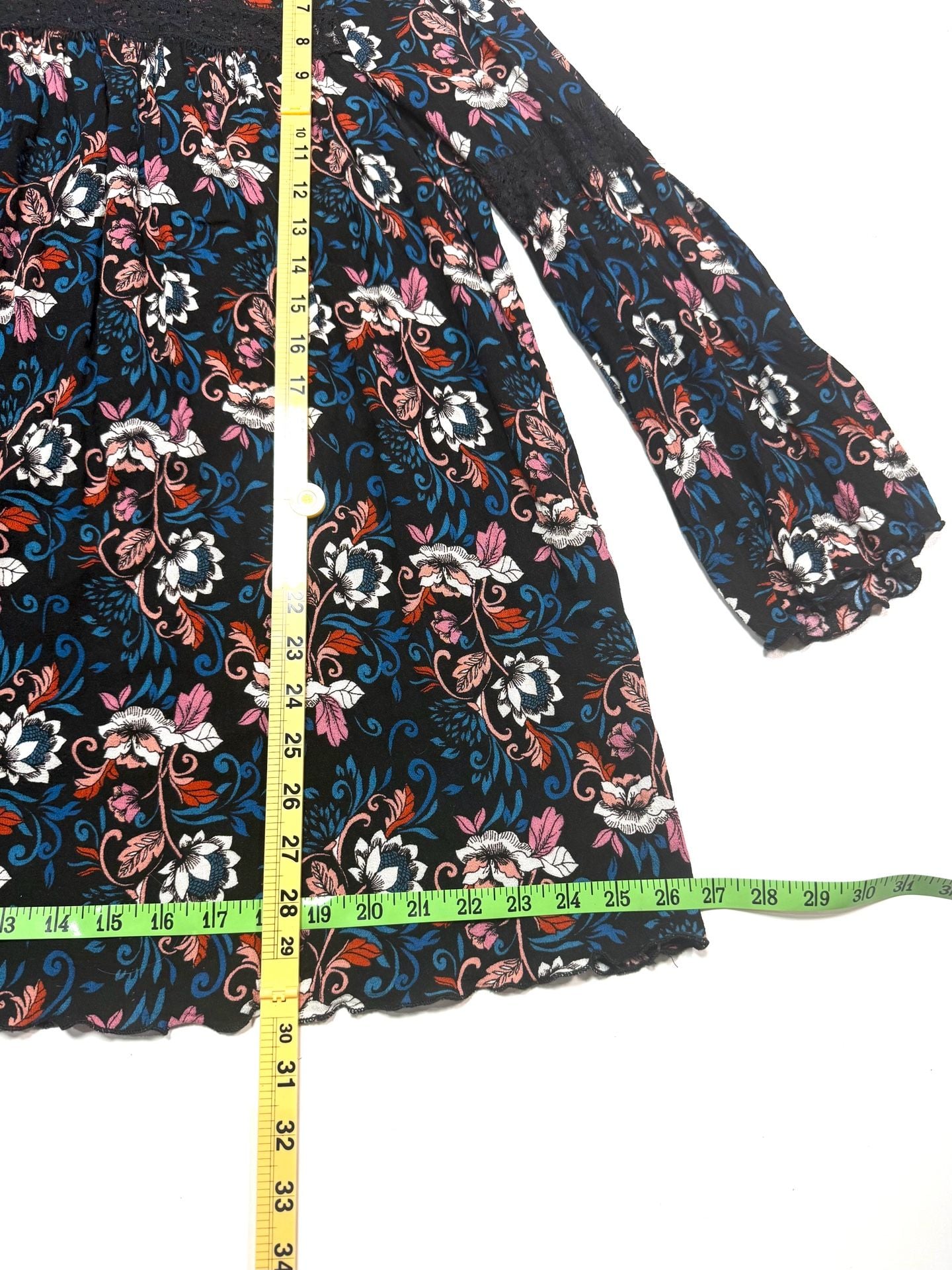 Timing Women's Dress M Cottagecore Boho Witchy Whimsigoth Cottage-Glam Fairycore Babydoll Mini Black Floral Lace Bell Sleeve Keyhole Back High Low Hem Rayon 3