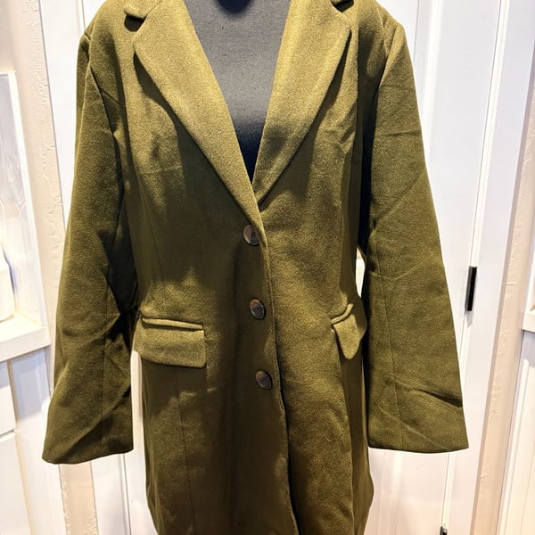 Allegra K Olive Green Trench Coat | Women’s L | Structured Pea Coat (103)