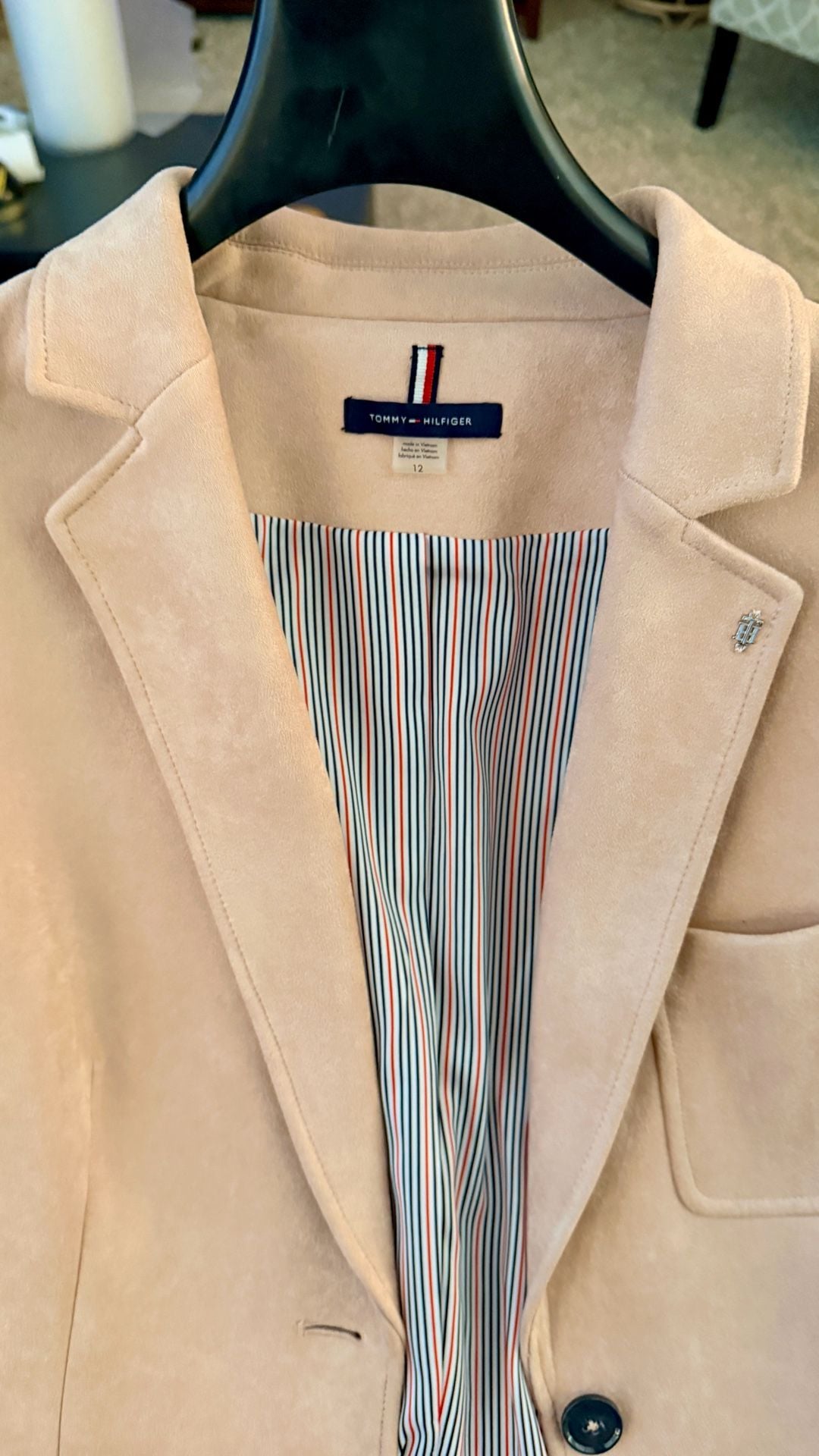 Tommy Hilfiger Faux Suede Blazer Size 12 Camel Tan Striped Lining NWOT 11