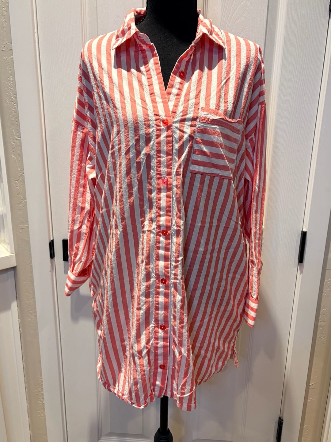 Joyspun Woven Long Sleeve Sleepshirt Size M Coral Striped (172) 2