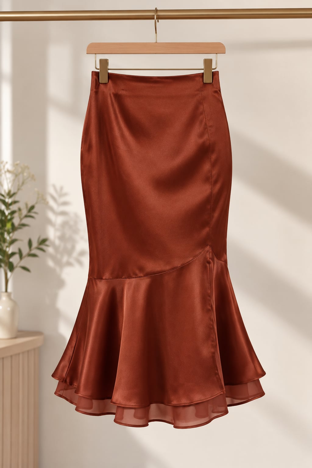DERAX Satin Midi Mermaid Skirt Size L Brown Red Fishtail Ruffled 2