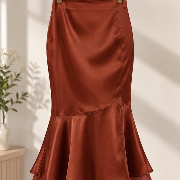 DERAX Satin Midi Mermaid Skirt Size L Brown Red Fishtail Ruffled