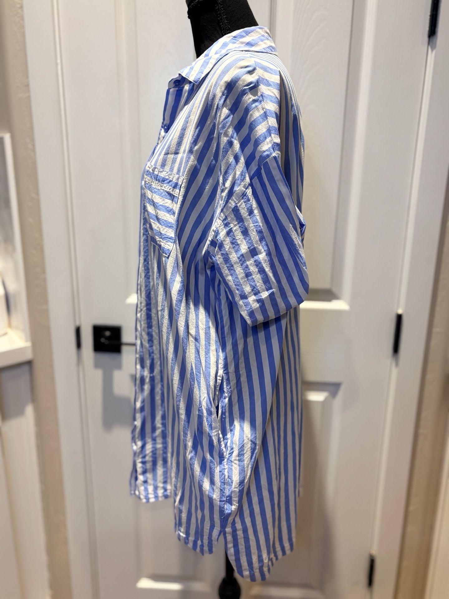 Joyspun Woven Long Sleeve Button Front Sleepshirt Size M Blue Striped (173) 4