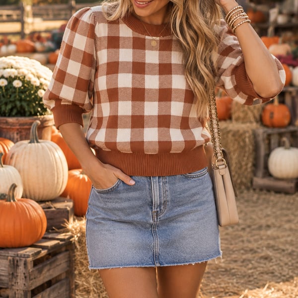 Ann Taylor Size Small Gingham Sweater Short Sleeve Brownish /Orange and Cream