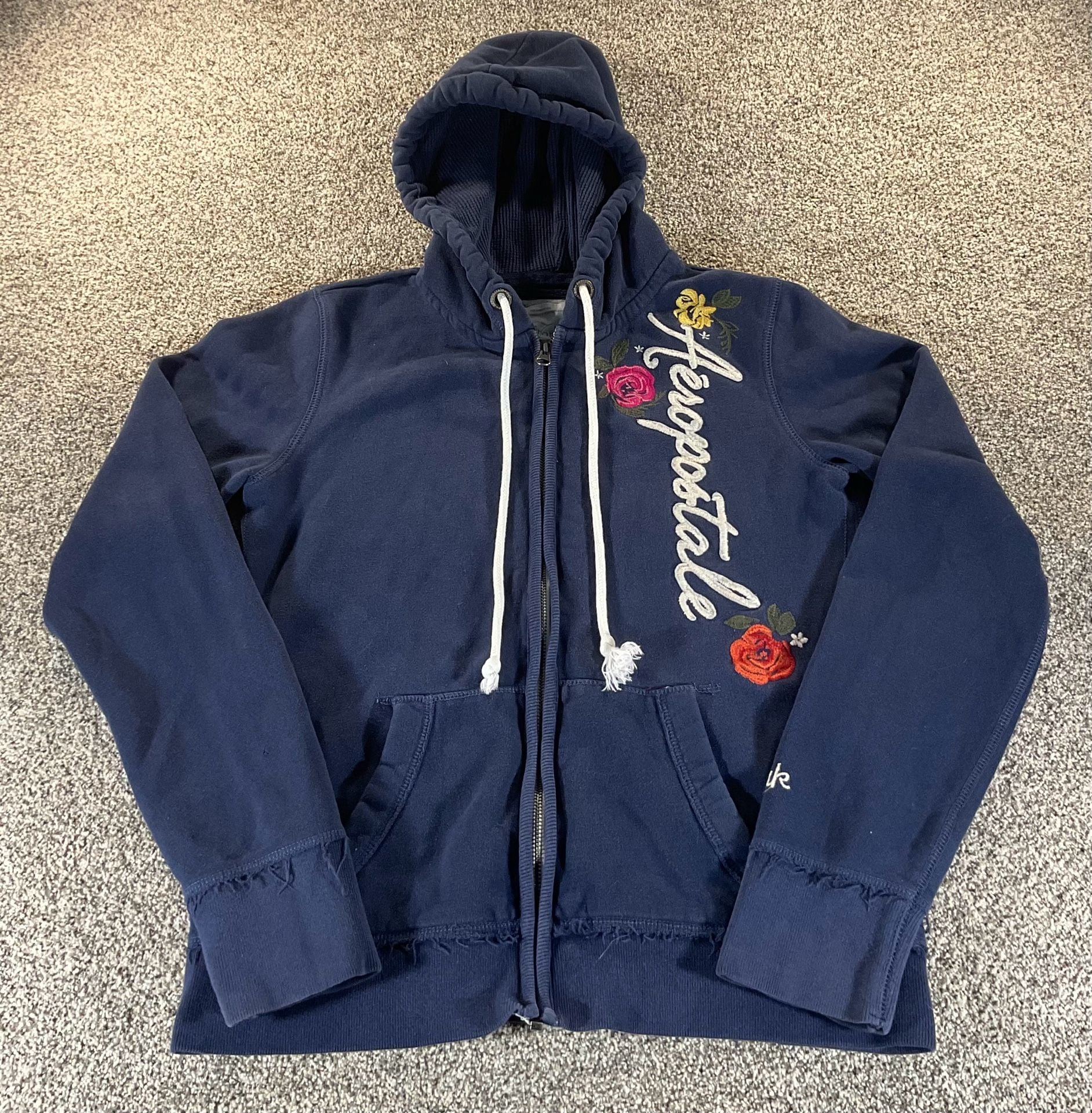 Aeropostale Navy Blue Zip Up Hoodie Embroidered Floral Y2K Grunge 2