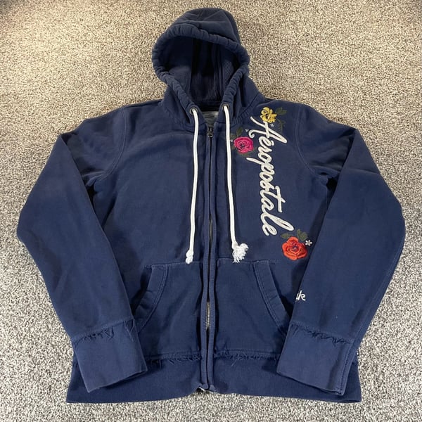 Aeropostale Navy Blue Zip Up Hoodie Embroidered Floral Y2K Grunge