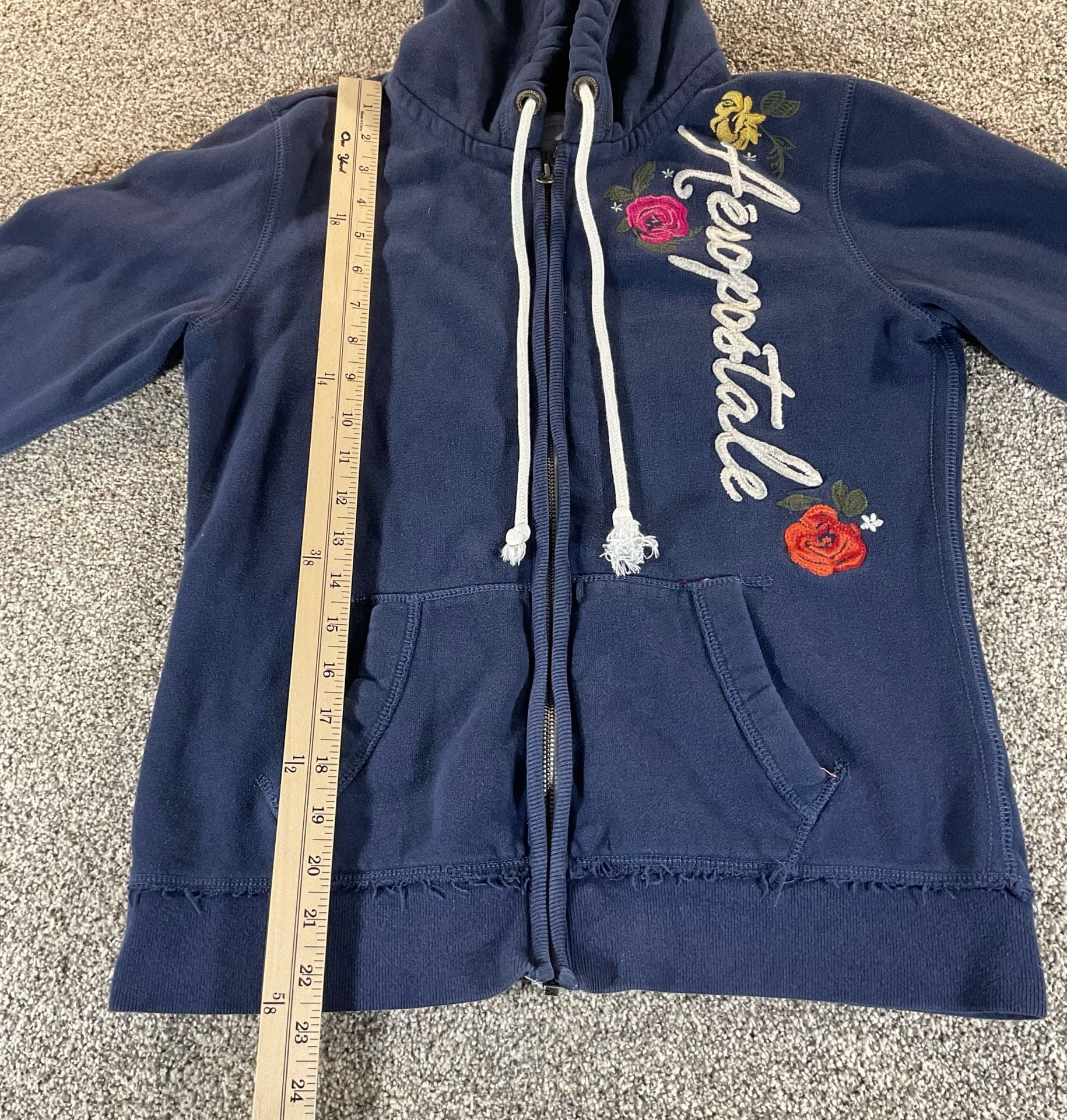 Aeropostale Navy Blue Zip Up Hoodie Embroidered Floral Y2K Grunge 6