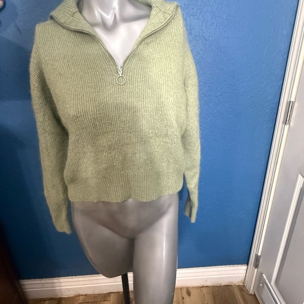 Quince Wool Alpaca Sweater M Sage Green Quarter Zip Ribbed Oversized Collar