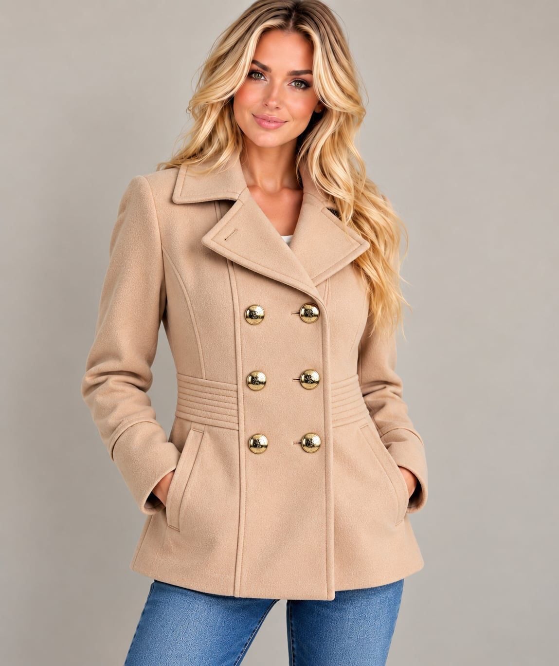 Kenneth Cole New York Pea Coat Size 6 Beige Wool Blend Double Breasted 2