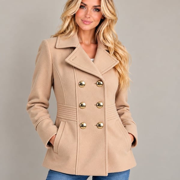 Kenneth Cole New York Pea Coat Size 6 Beige Wool Blend Double Breasted