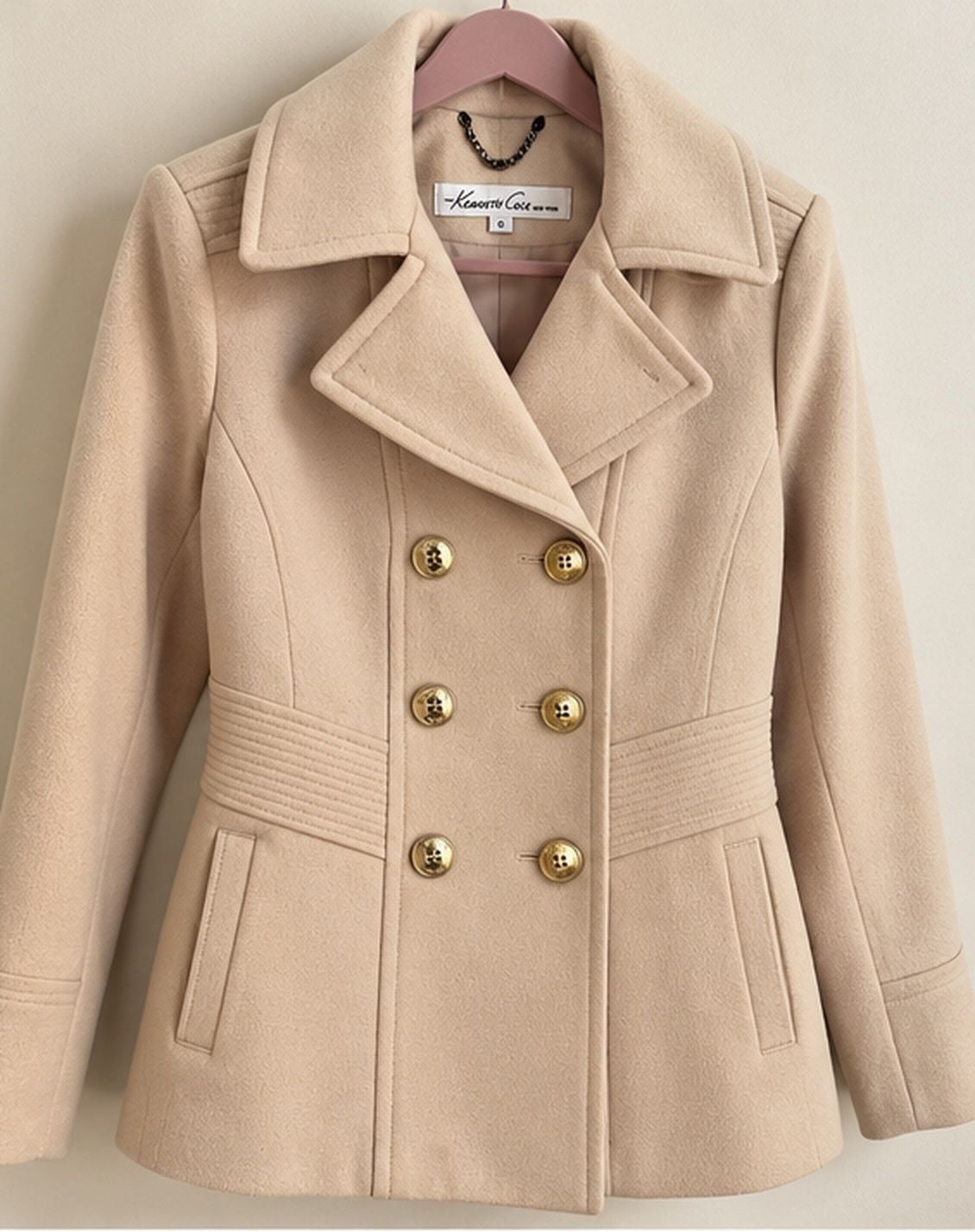 Kenneth Cole New York Pea Coat Size 6 Beige Wool Blend Double Breasted 4