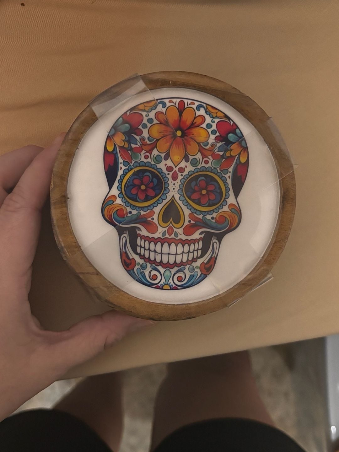 Sugar Skull Wooden Coaster Holder Set Day Of The Dead Floral 1