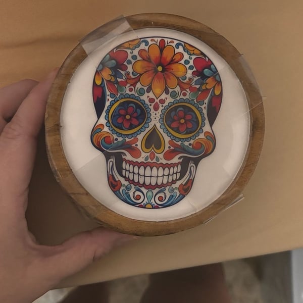 Sugar Skull Wooden Coaster Holder Set Day Of The Dead Floral