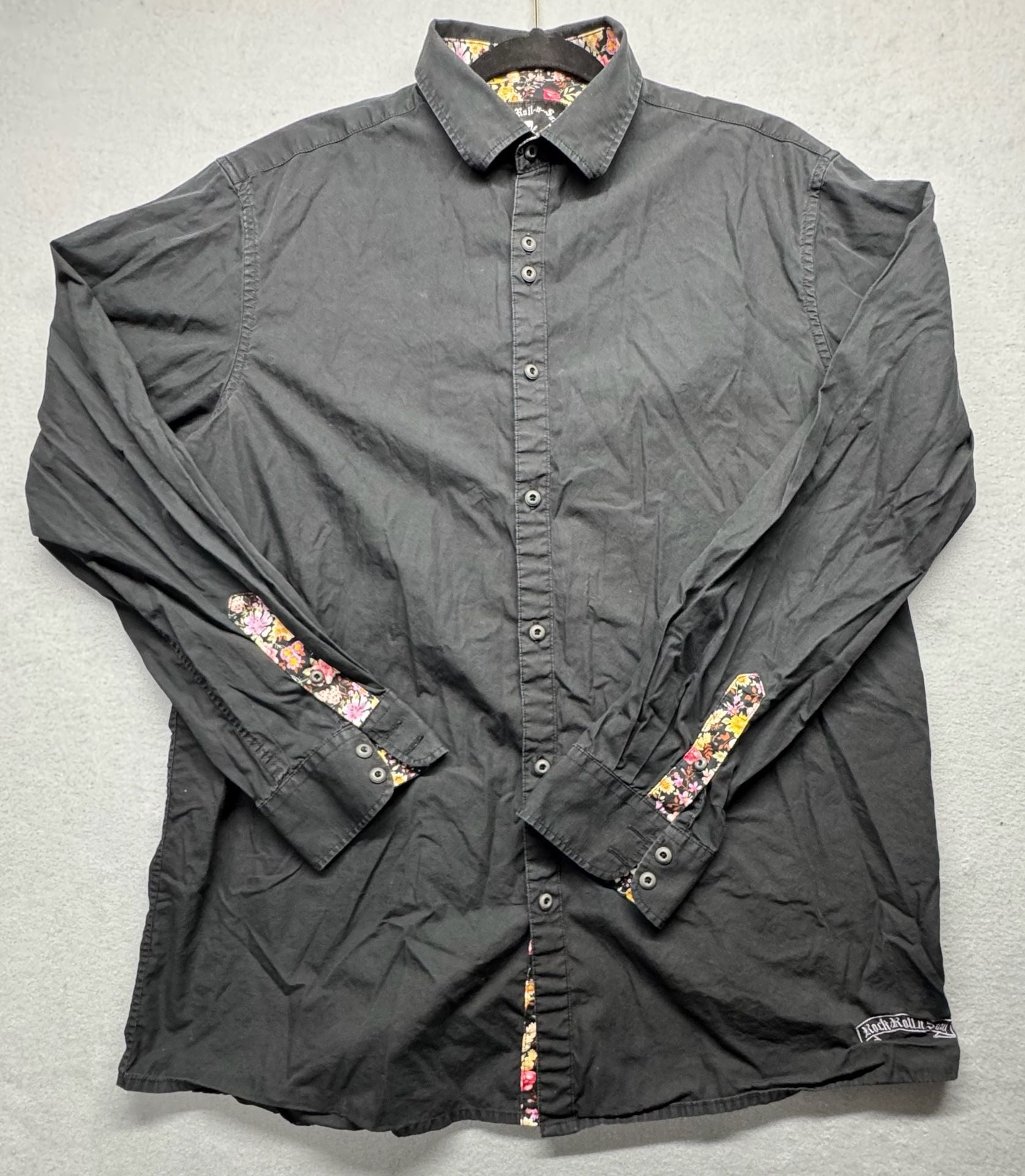 Rock Roll N Soul Button Down Shirt Black Floral Trim Long Sleeve 2