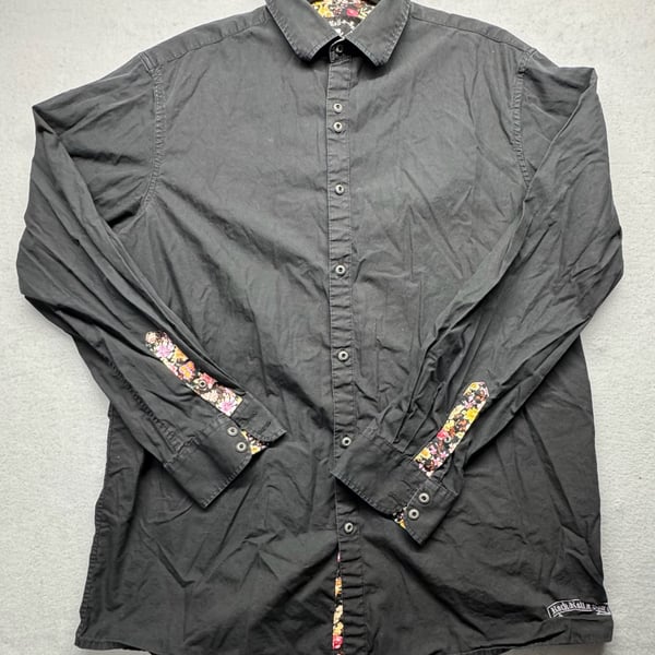 Rock Roll N Soul Button Down Shirt Black Floral Trim Long Sleeve