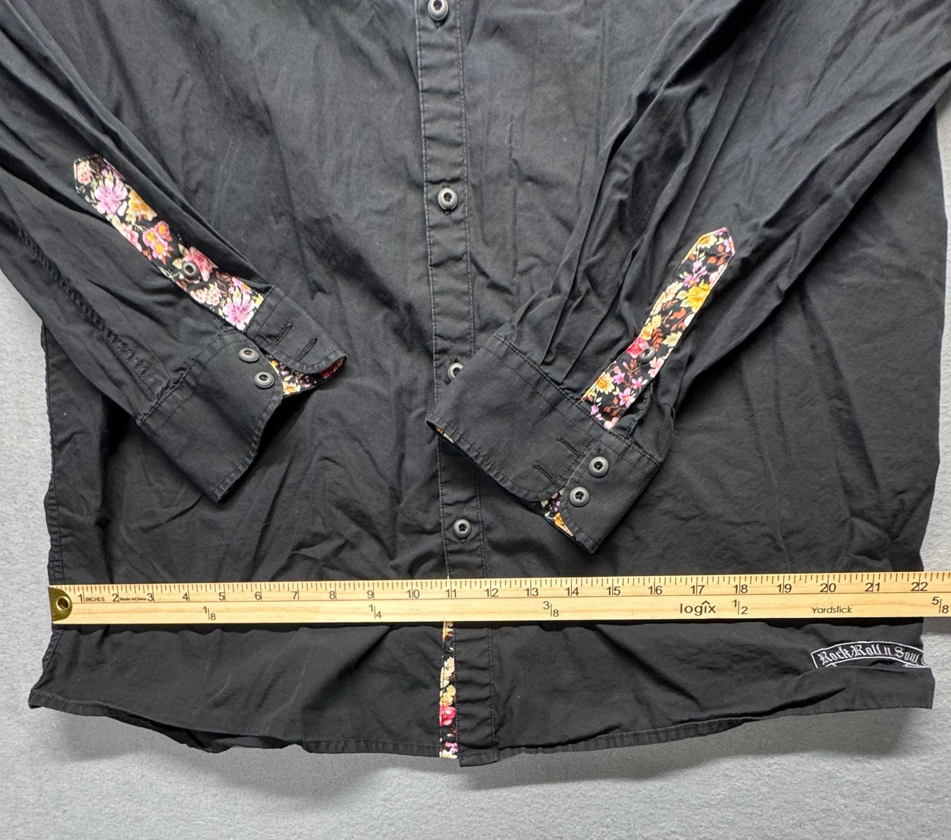 Rock Roll N Soul Button Down Shirt Black Floral Trim Long Sleeve 10