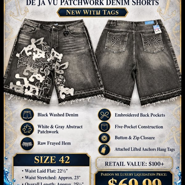 Lifted Anchors De Ja Vu Abstract Patch Raw Hem Denim Shorts