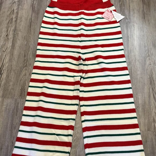 eyeshedow Christmas Knit Overalls Size XL Red Green Striped Pom Pom Jumpsuit