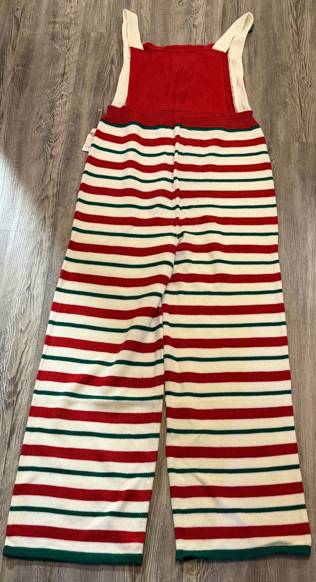 eyeshedow Christmas Knit Overalls Size XL Red Green Striped Pom Pom Jumpsuit 10