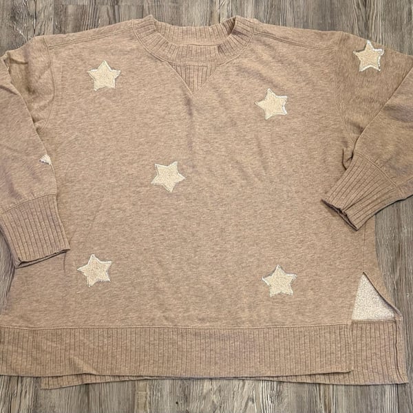 Maurices Star Sweatshirt Size 1X Brown Sequin Sherpa Patches Pullover