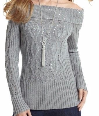White House Black Market Sweater Size M Gray Cable Knit Off Shoulder 8