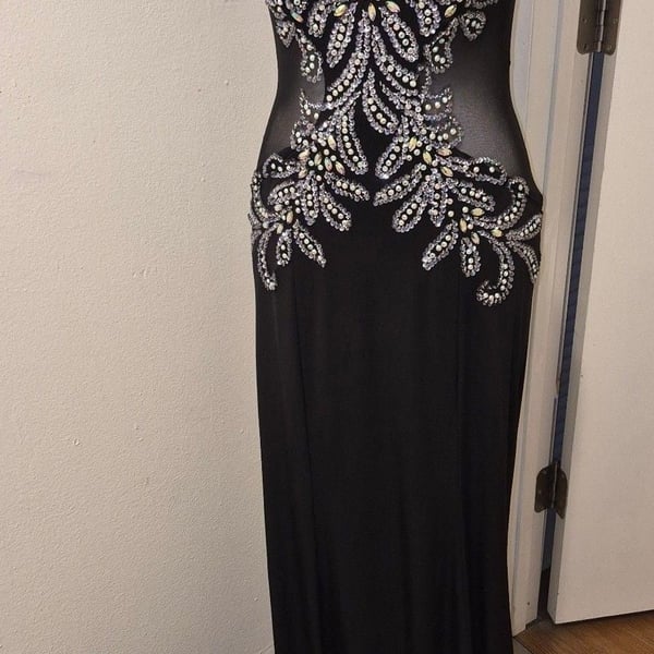 Jasz Couture Black Crystal Embellished Mesh Formal Evening Gown