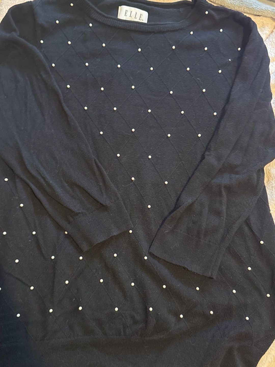 Elle Sweater Size L Black Faux Pearl Embellished Crewneck 2
