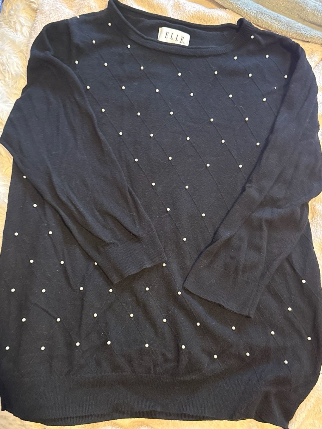 Elle Sweater Size L Black Faux Pearl Embellished Crewneck 3
