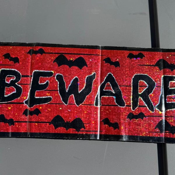 Halloween Beware Red Glitter Sign With Bats