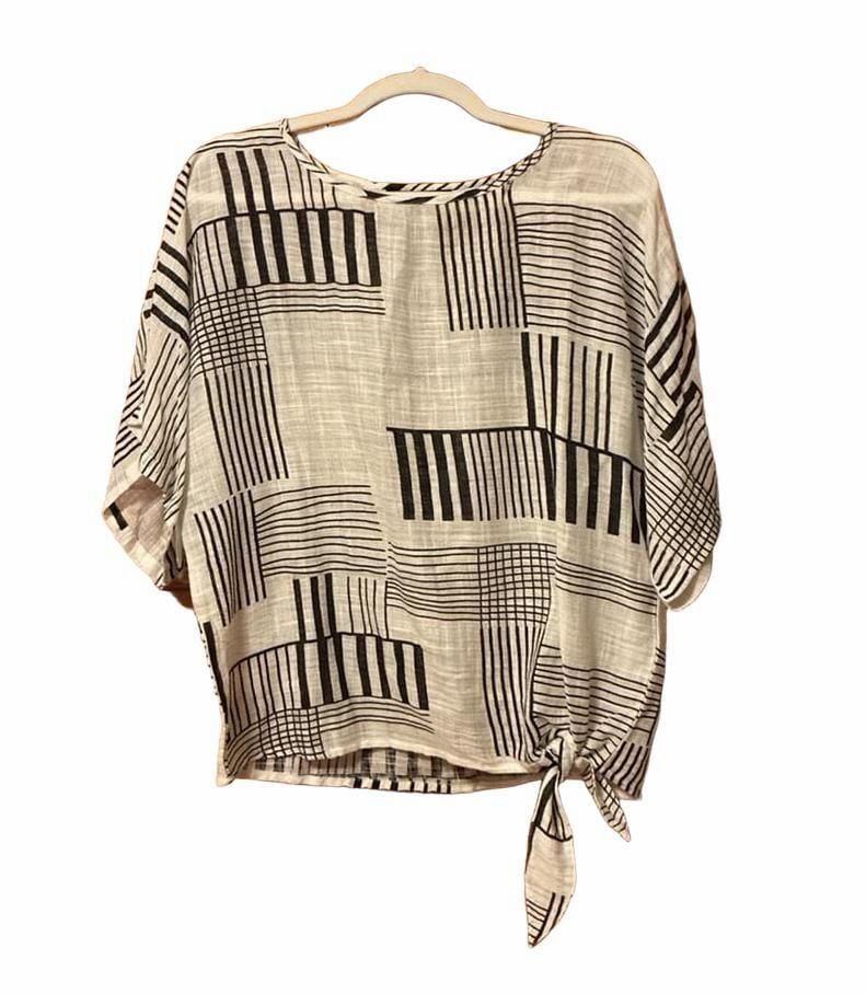 Charlie B Blouse Size M Black White Geometric Print Tie Hem Top 2